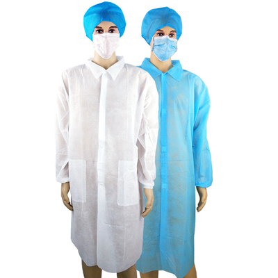 เสื้อห้องปฏิบัติการทิ้ง SMS สีขาวสีน้ำเงิน M / L / XL OEM